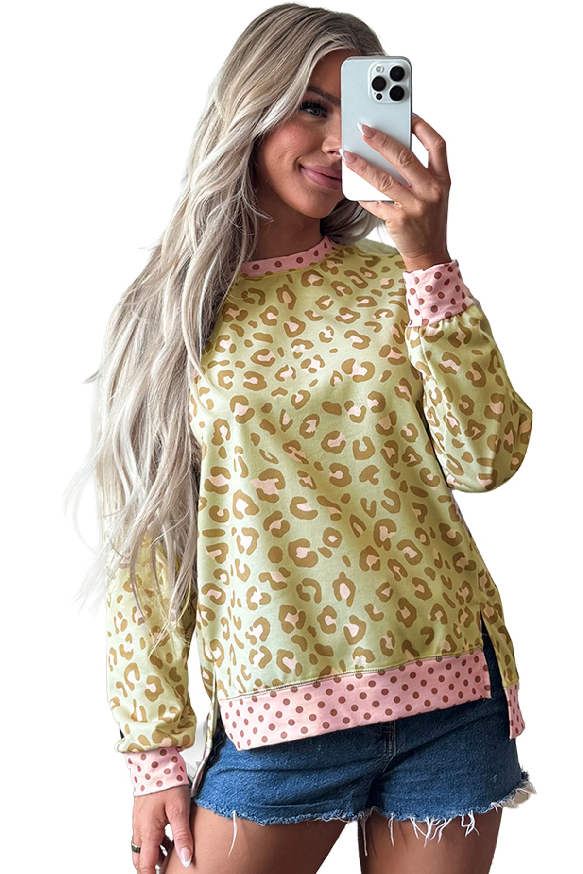 Pink Leopard Polka Dot Colorblock Trim Long Sleeve Top