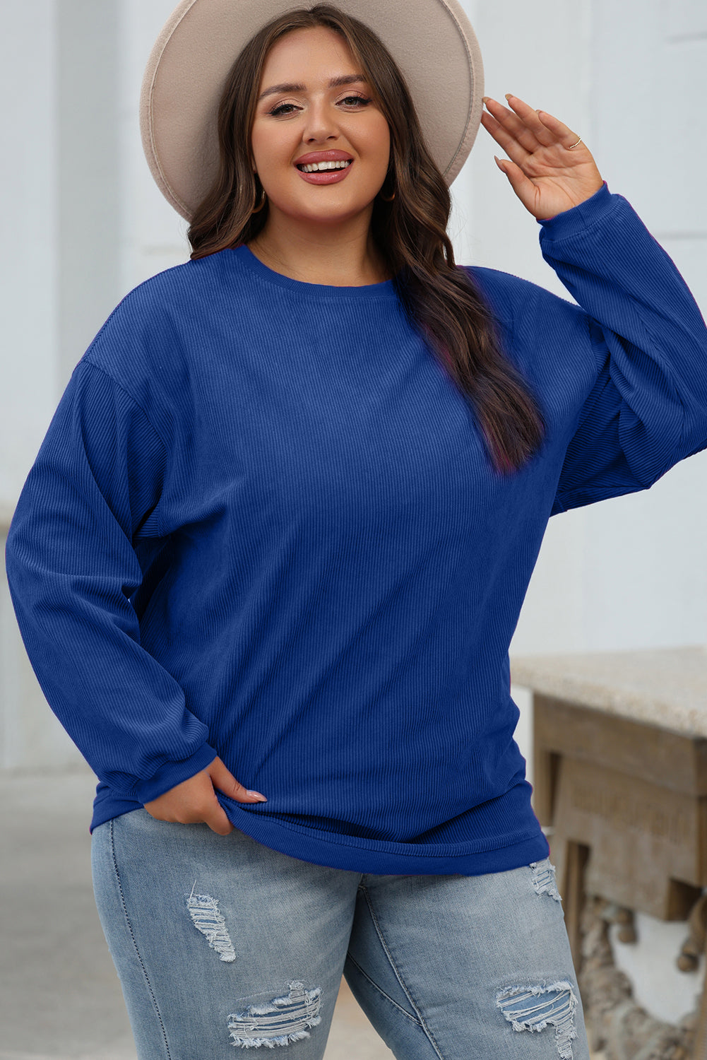 Smoke Gray Ribbed Corduroy Oversized Sweatshirt