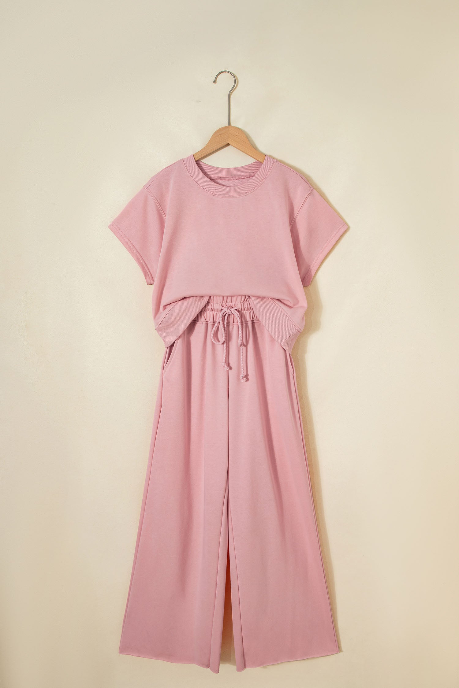 Parchment Solid Color Loose Tee Drawstring Wide Leg Pants 2pcs Outfit