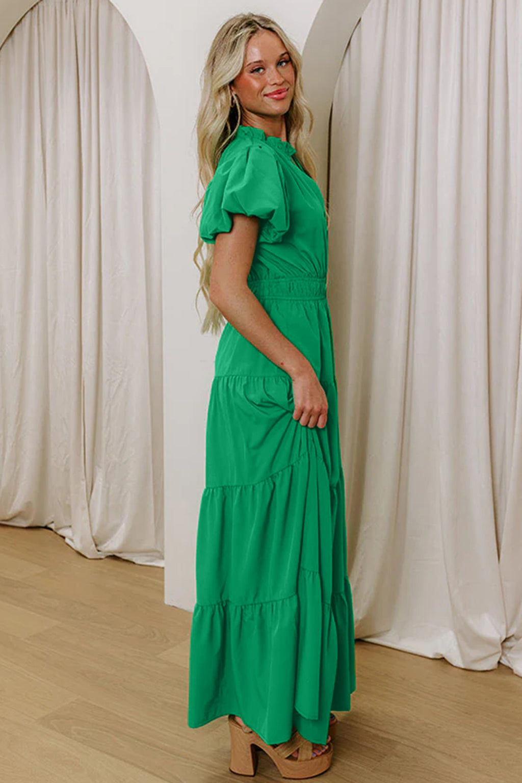 Clearly Aqua Solid Color V Neck Short Puff Sleeve High Waist Tiered Maxi Dress