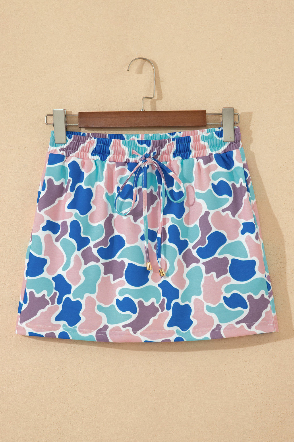 Sky Blue Abstract Camo Elastic Waist Drawstring Mini Skort
