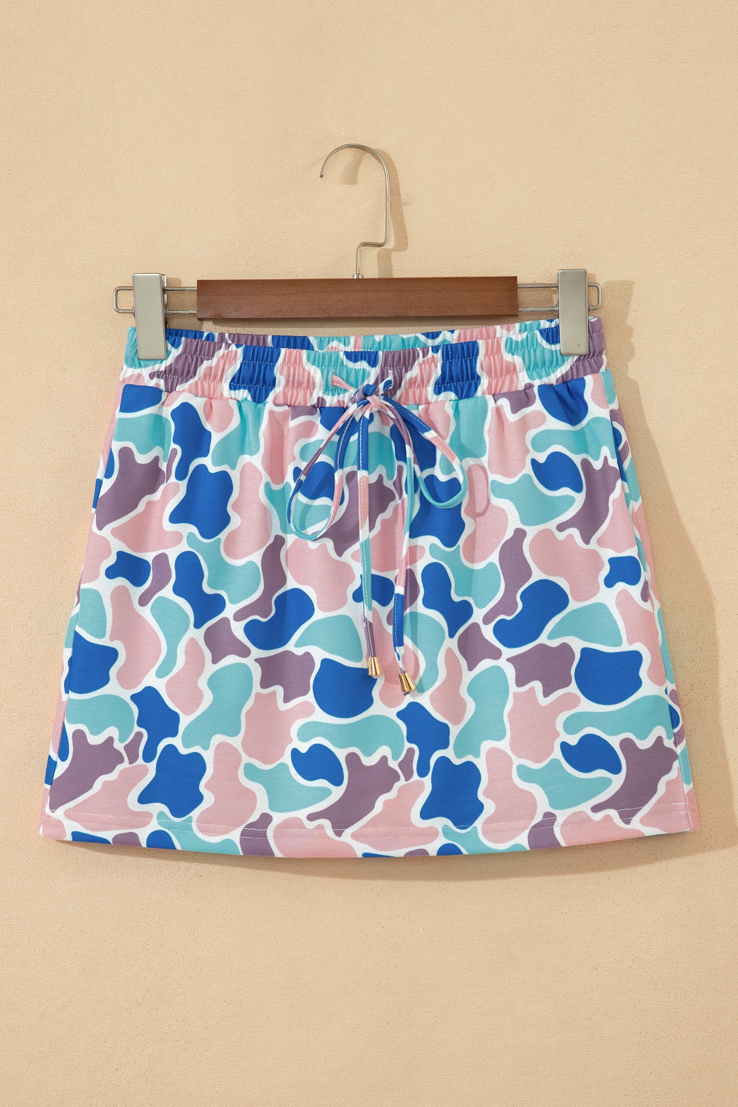 Sky Blue Abstract Camo Elastic Waist Drawstring Mini Skort