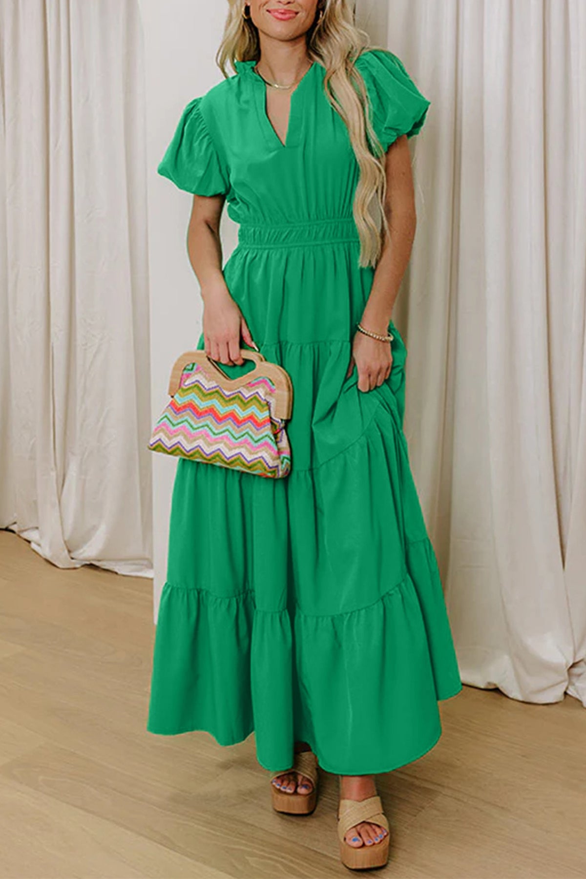 Clearly Aqua Solid Color V Neck Short Puff Sleeve High Waist Tiered Maxi Dress