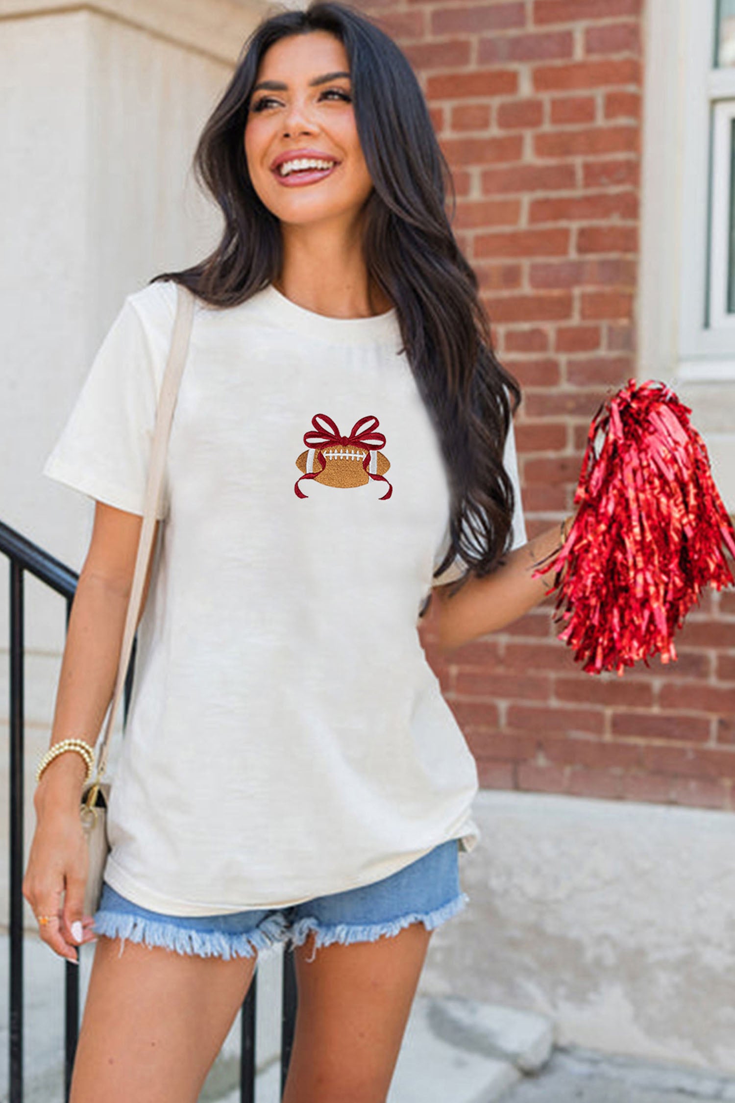 White Embroidered Bow Rugby Graphic Casual T-Shirt