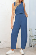 Sail Blue Solid Color Pleated Detail Elastic Waist Sleeveless Jumpsuit