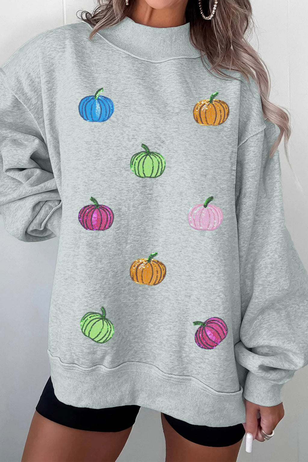 Gray Sequin Pumpkin Patch Mock Neck Baggy Sweatshirt
